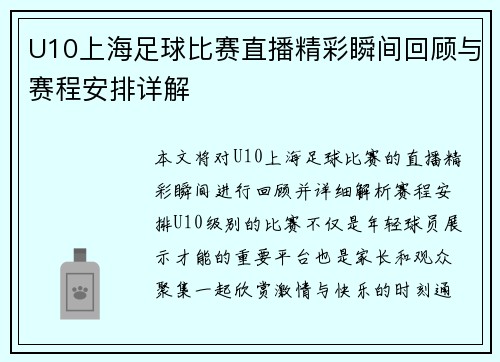 U10上海足球比赛直播精彩瞬间回顾与赛程安排详解